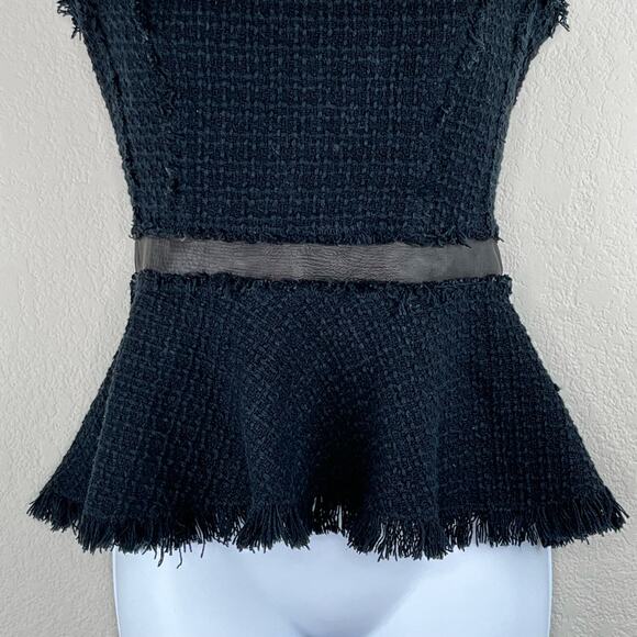 Rebecca Taylor Black Tweed Peplum Fringe Leather Trim Wool Cap Sleeve Top 2 - Picture 8 of 16